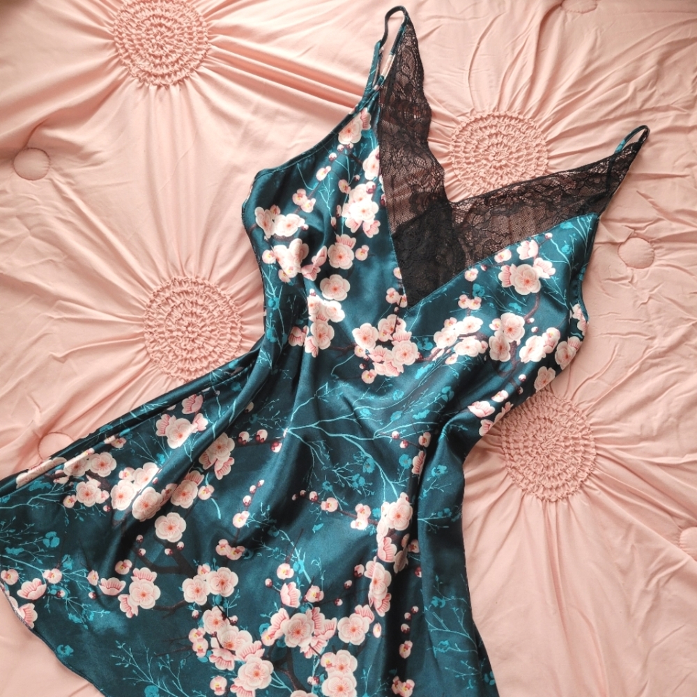 Teal cherry blossom lingerie slip dress